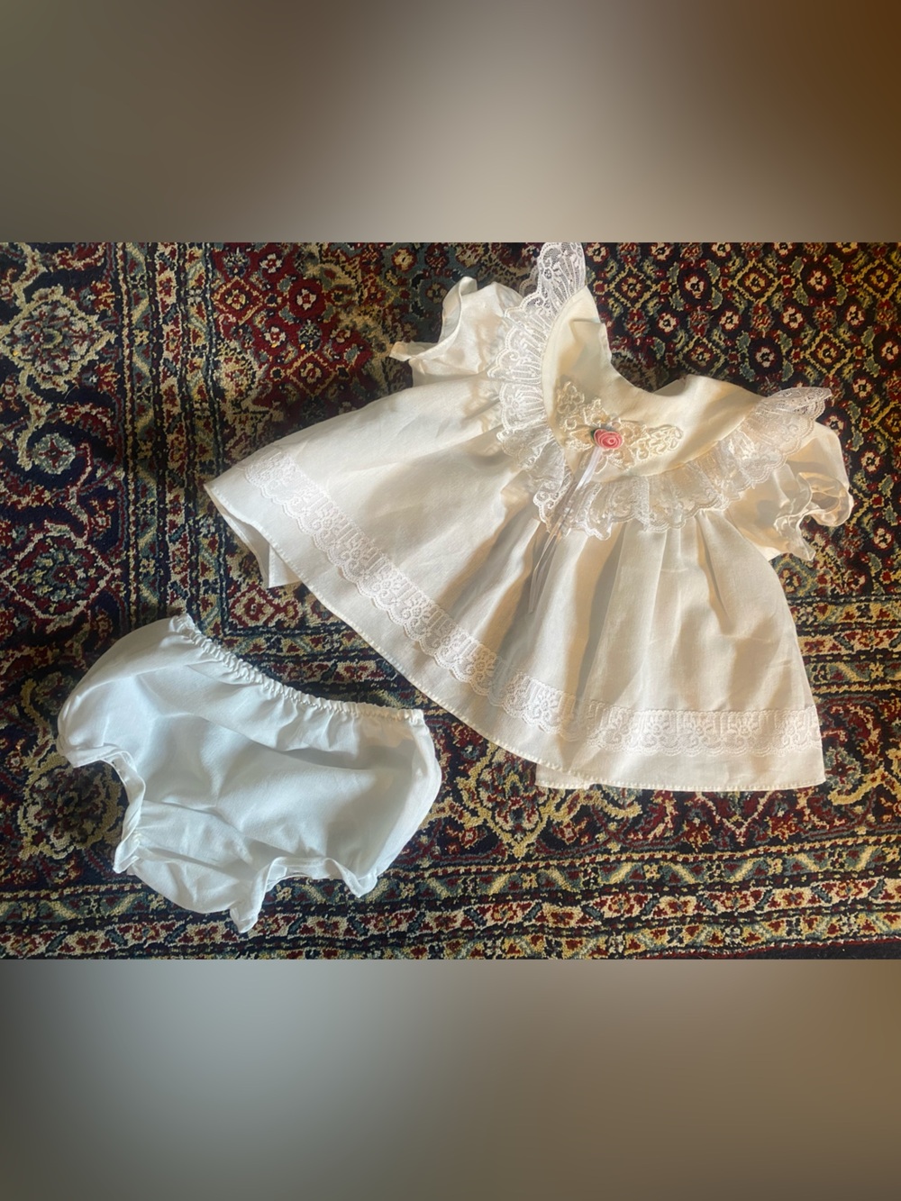 Vintage Ivory White Lace Baby Matching Set with Rose Detail- Dress & Bloomer